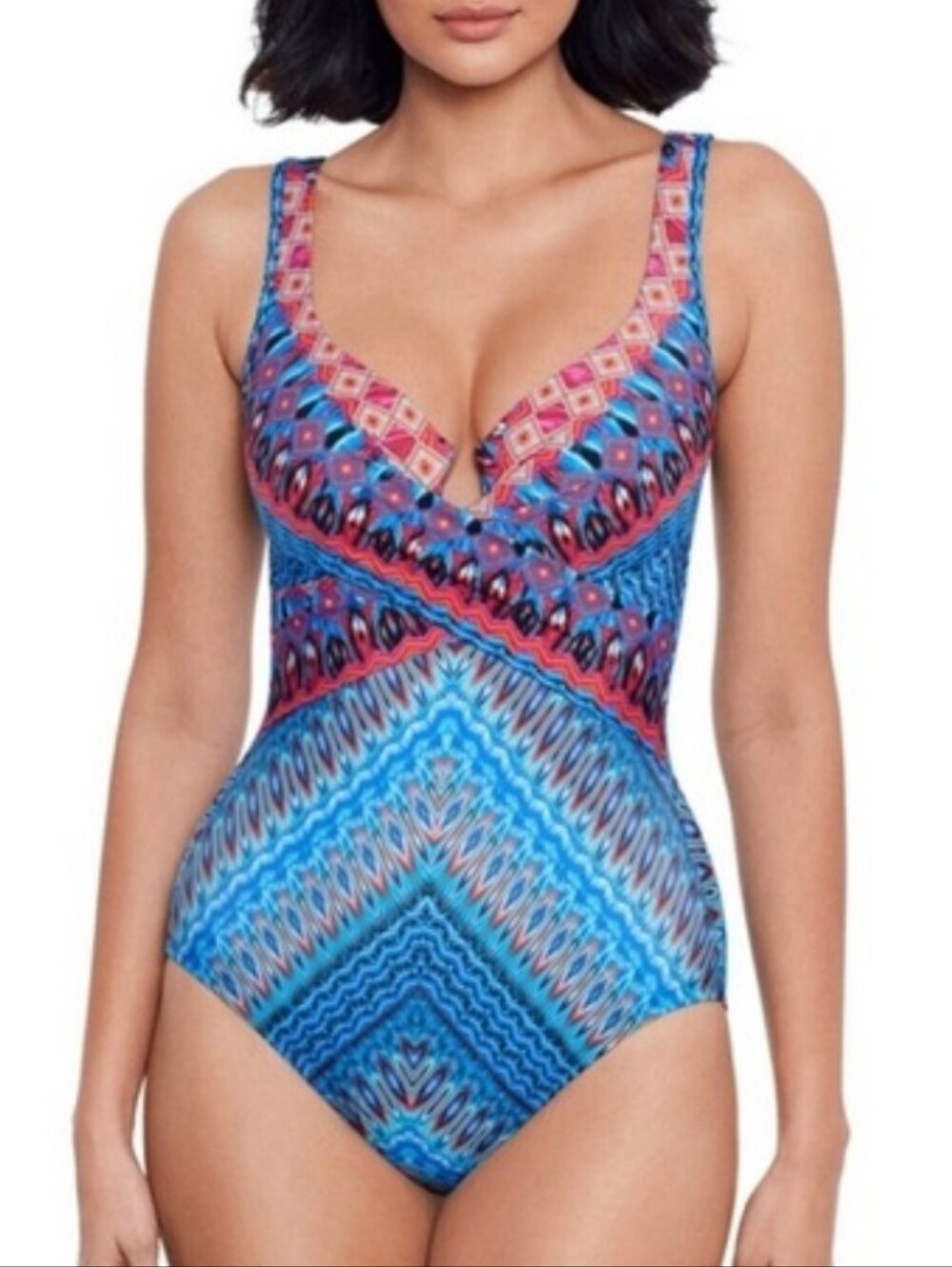 NWT Miraclesuit Blue & Teal Geometric Criss Cross Escape One-Piece Swimsuit
